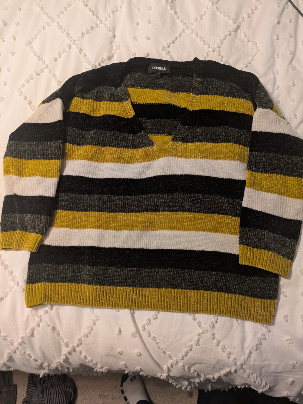 Express Woman's Black Yellow White Striped V-Neck Sweater